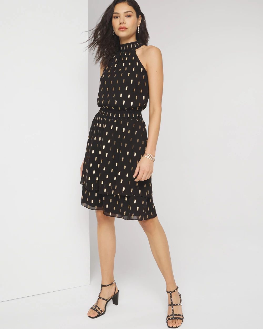 Sleeveless Halter Clip Blouson Dress | White House Black Market